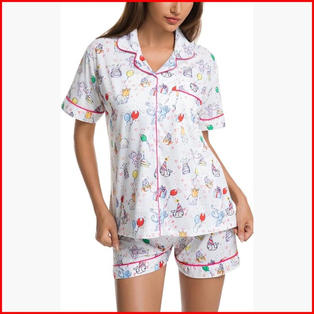 Women's Pajama Set Button Down Top Shorts Monkey Bunny Print Lounge Sleepwear